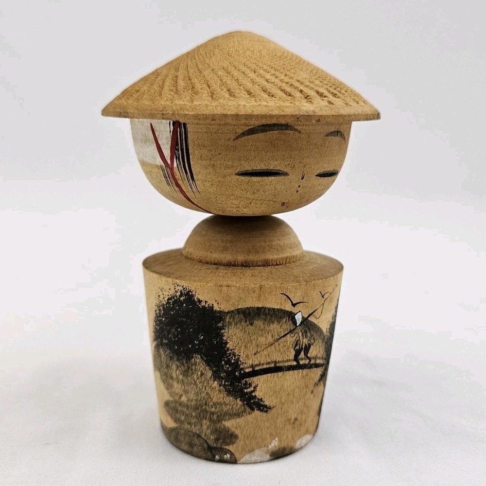 Vintage Wood Japanese Kokeshi Doll Hand Painted Landscape Wobble Head